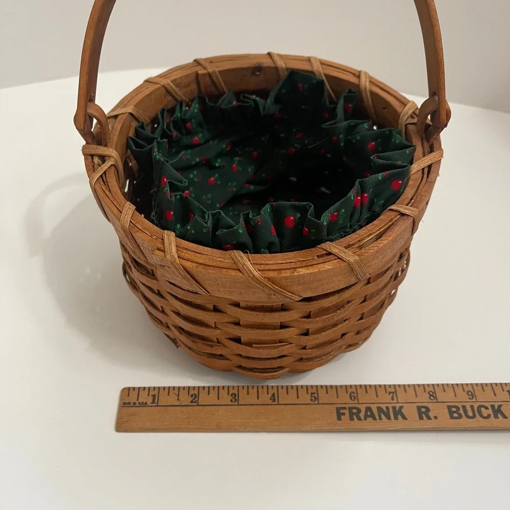 Vintage Woven Wood Round Basket with Handle and Green Cherry Apple Fabric Liner
